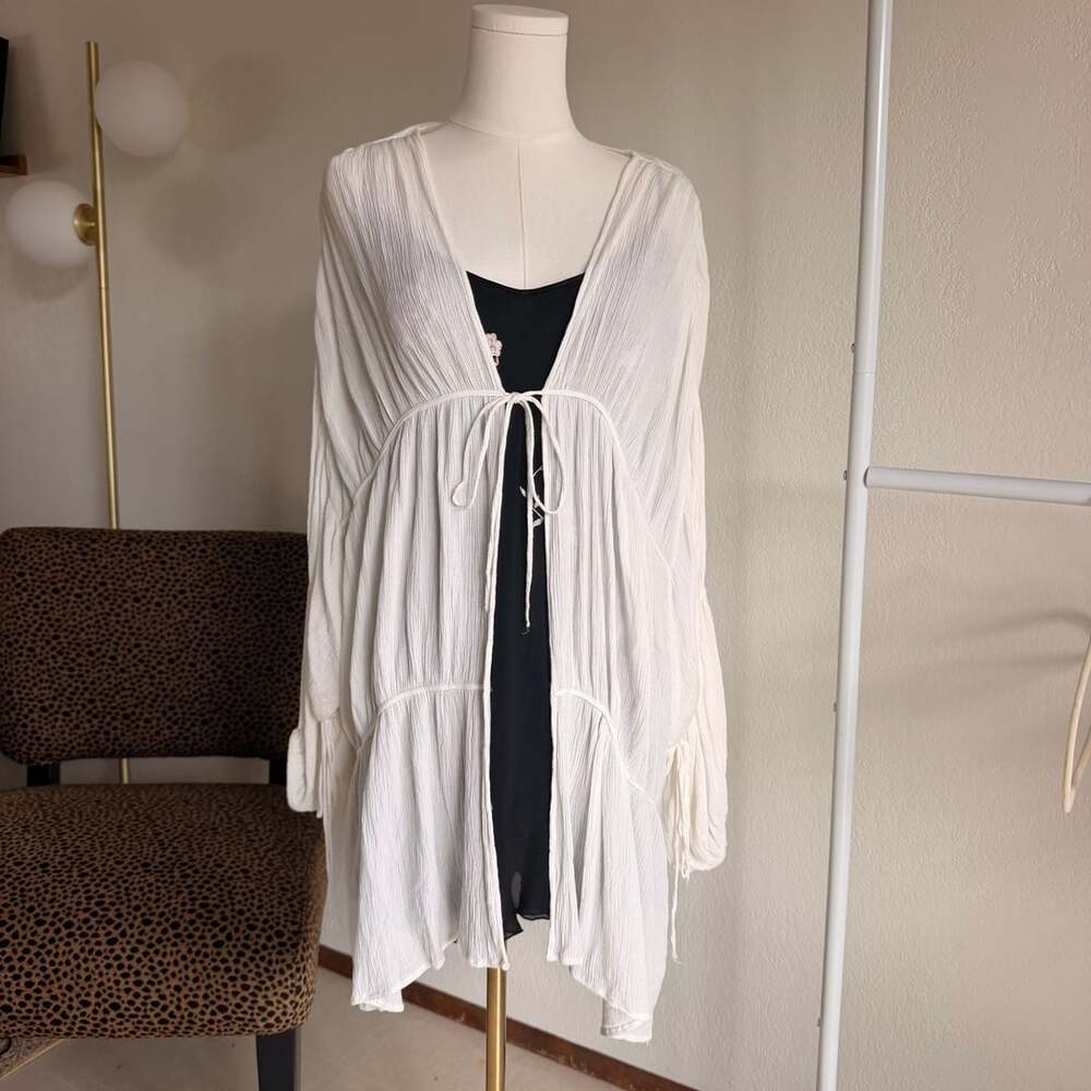 Free People White Gauze Front Tie Long Sleeve Kimono Coverup Tunic